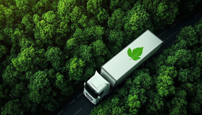 Camion elettrico che viaggia in campo verde