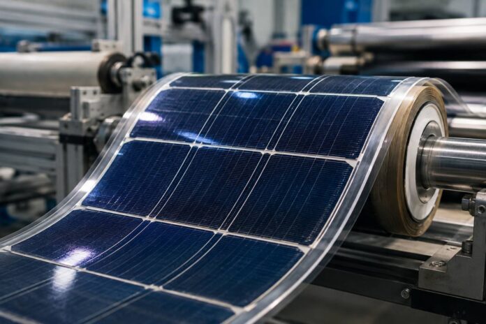 Modulo fotovoltaico flessibile in silicio durante un processo produttivo roll-to-roll